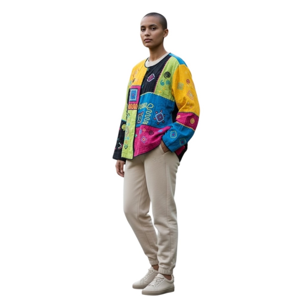 Indigo Moon Embroidered Patchwork Women's Multicolored Art To Wear Jacket, Sz 1X